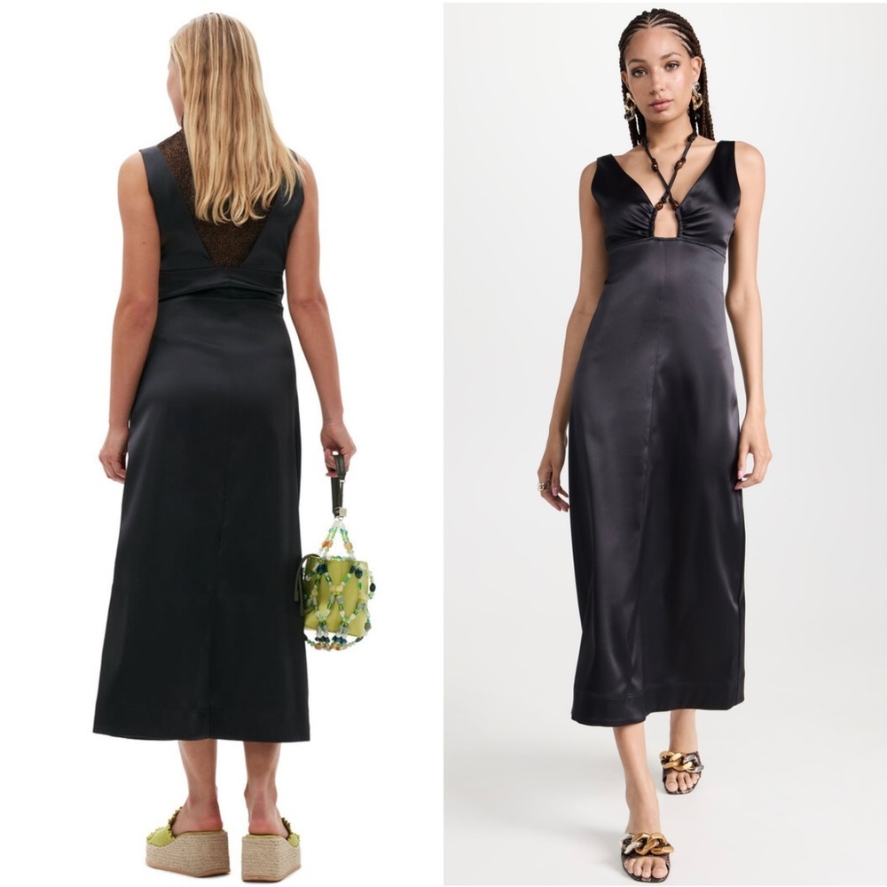 GANNI Satin Beaded Crisscross Halter Tie V-Neck Empire Waist Sleeveless Dress‎ S - Picture 5 of 14